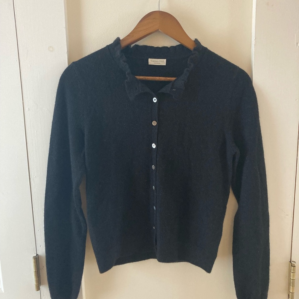 Garnet Hill Shimmering Cashmere Ruffle-Neck Cardigan Black XS